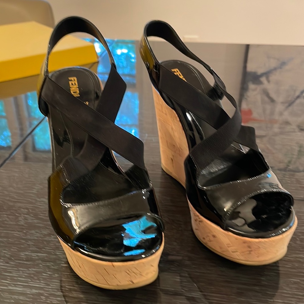 Fendi Patent Leather Cork Wedge Sandal 38.5